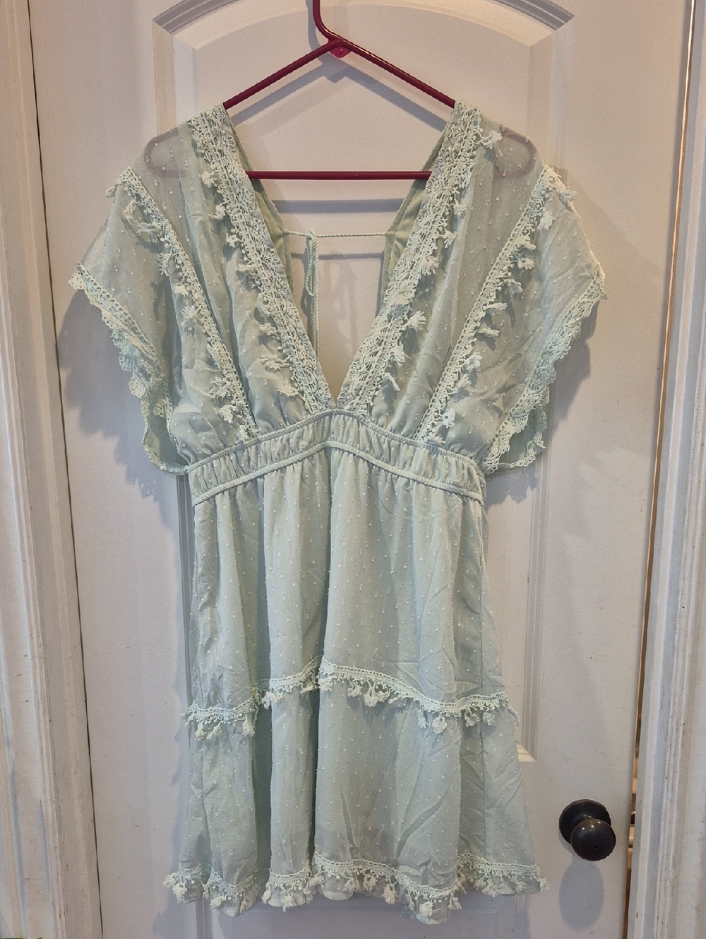 Light Mint Lace Trim V-Neck Babydoll Dress